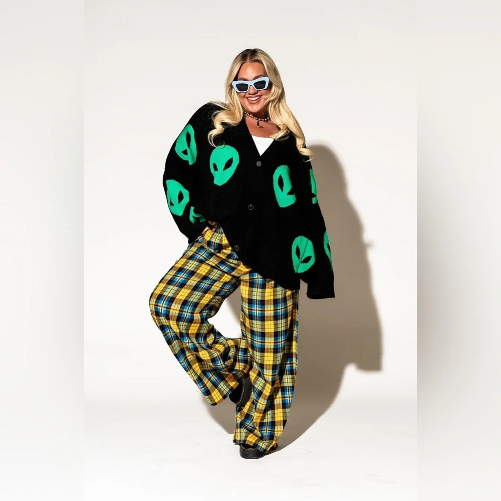 Dressed in LALA Black Cardigan with Neon Green Alien Heads - Picture 2 of 13